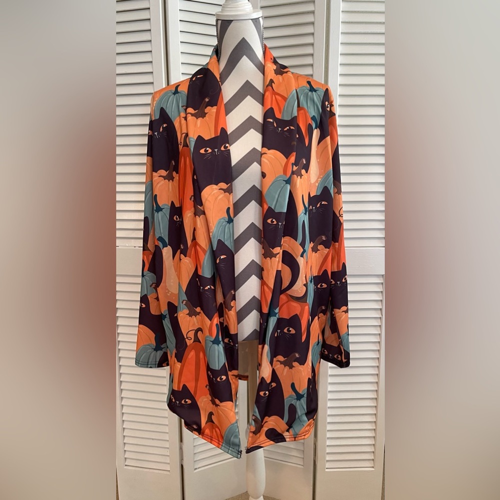 Halloween and Fall - Black Cats and Pumpkin - Cardigan - Jacket - Size: 2XL